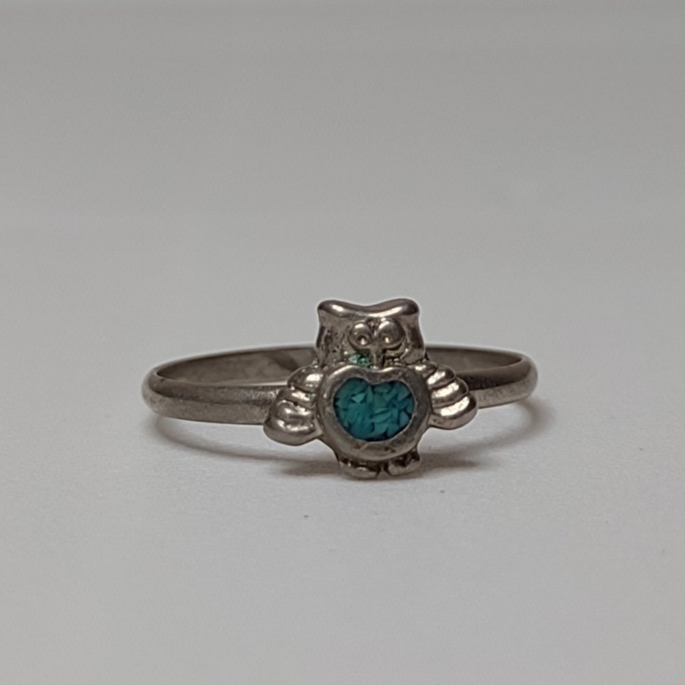 Cute Little Silver Tone And Blue Owl Ring Size 6.5